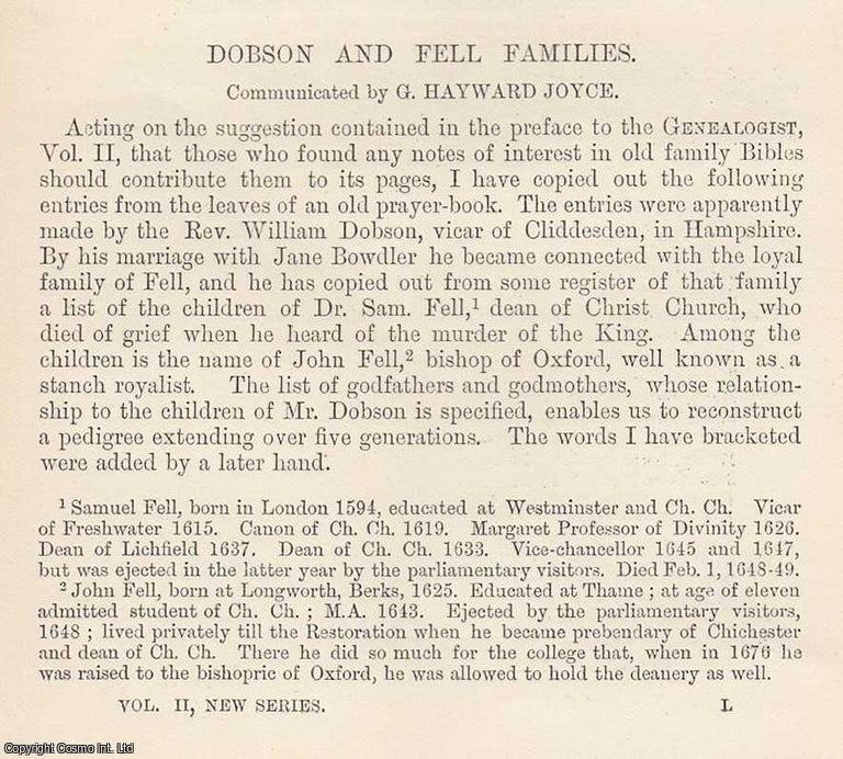 Item #616849 Dobson and Fell Families. 3 pages. An article printed in 1886, written by G. Hayward...