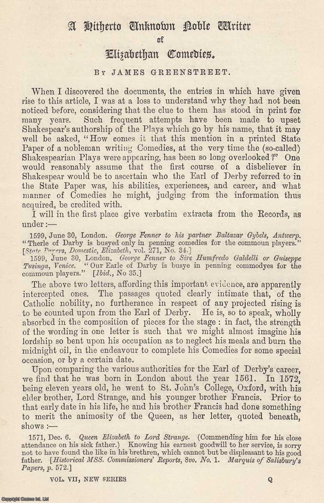 Item #616852 A Hitherto Unknown Noble Writer of Elizabethan Comedies. 3 pages. An article printed...