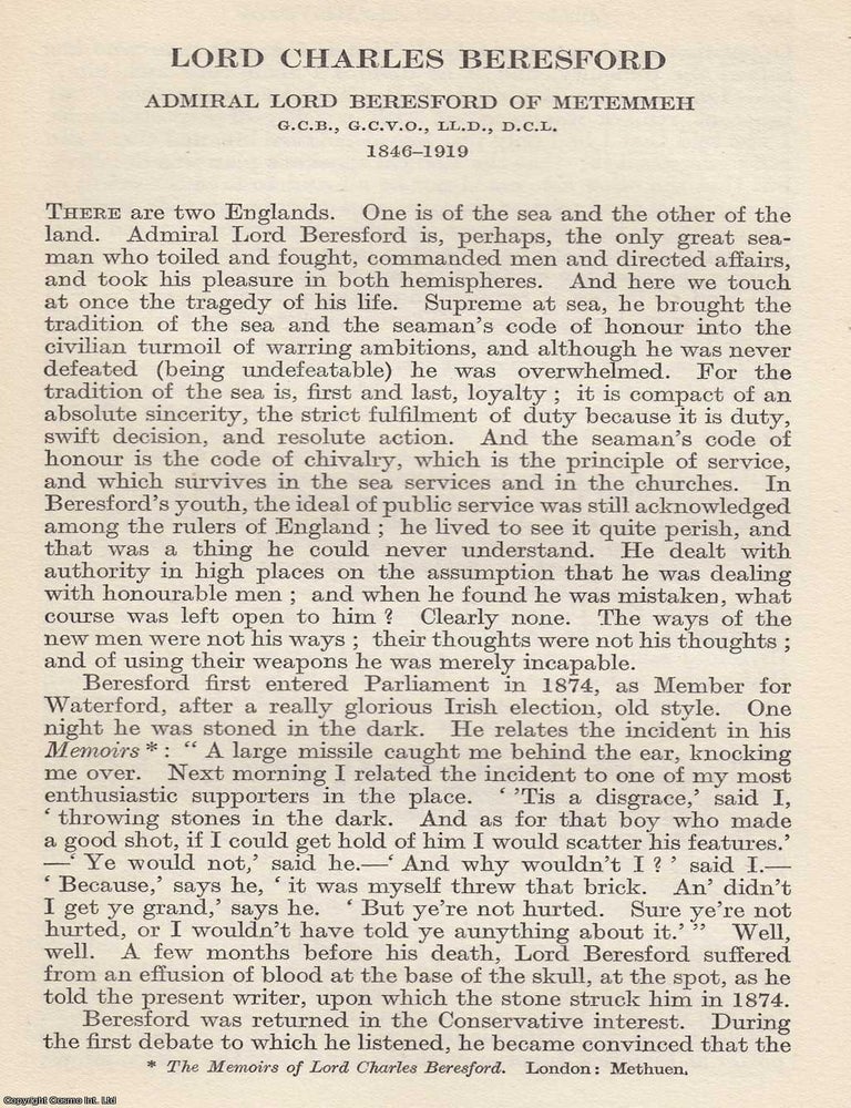 Item #616904 Lord Charles Beresford: Admiral Lord Beresford of Metemmeh 1846-1919. By L. Cope...