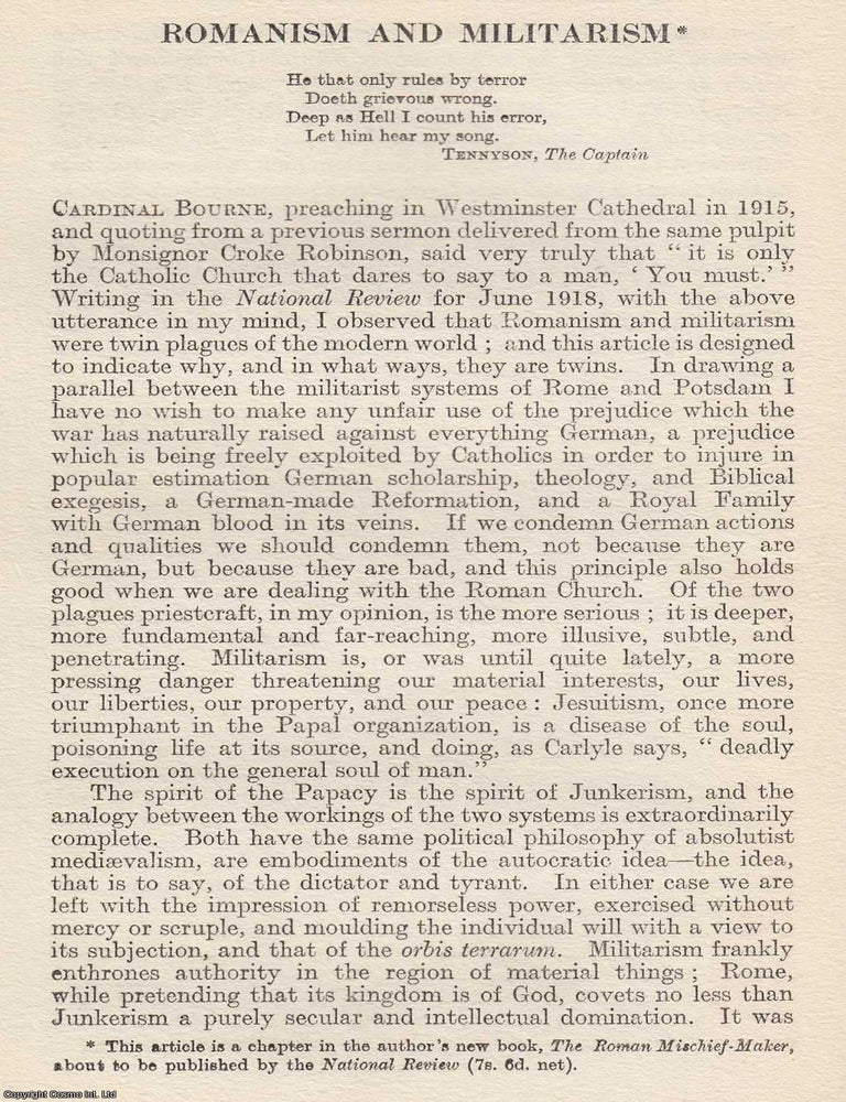 Item #616905 Romanism and Militarism. By Hugh E. M. Stutfield. An original article from The National Review, 1919. PAPAL MISCHIEF.