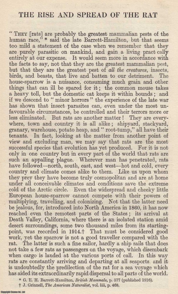 Item #616908 The Rise and Spread of The Rat. By Frances Pitt. An original article from The...
