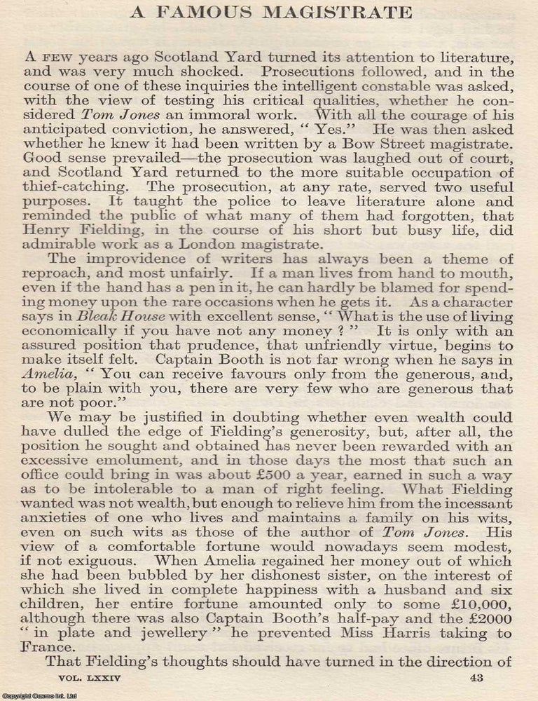 Item #616913 Henry Fielding : A Famous Magistrate. Founder of the Bow Street Runners. By H. C....