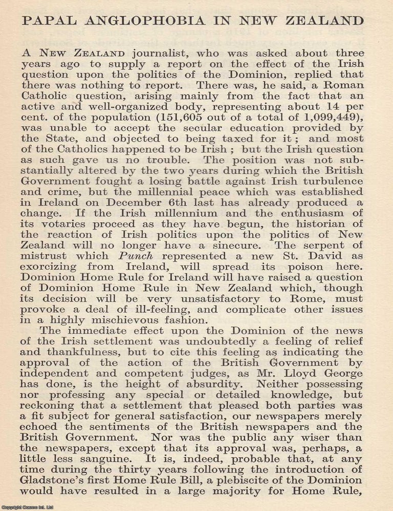 Item #616958 Papal Anglophobia in New Zealand. Written by Wellington. An original article from...