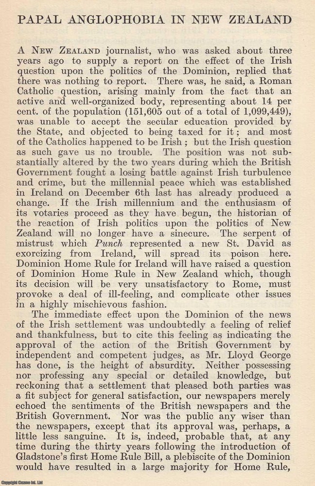 Item #616958 Papal Anglophobia in New Zealand. Written by Wellington. An original article from...