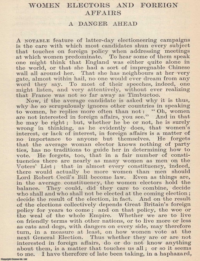 Item #616959 Woman Electors and Foreign Affairs: A Danger Ahead. An original article from The...