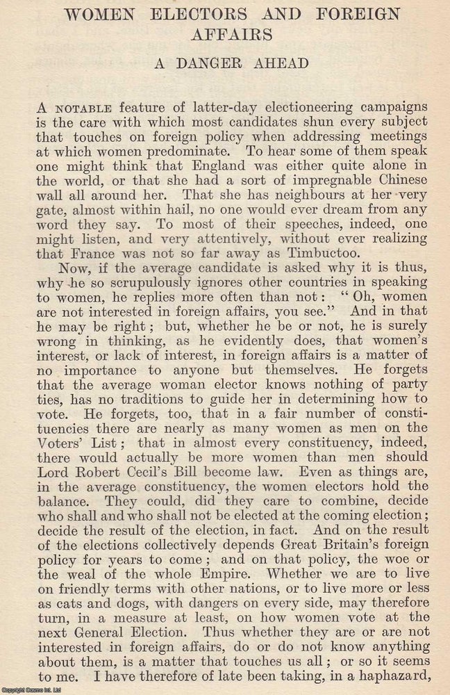 Item #616959 Woman Electors and Foreign Affairs: A Danger Ahead. An original article from The...