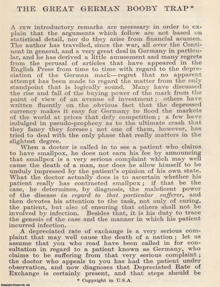 Item #616964 The Great German Booby Trap; The Valuta. By C. Claxton Turner. An original article...