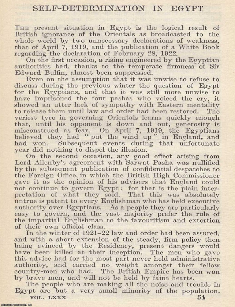 Item #616968 Self-Determination in Egypt. Written by Pyramid (pseud.). An original article from...