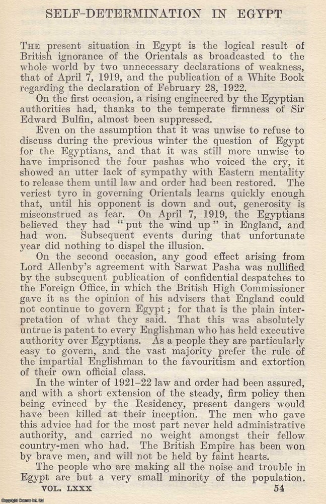 Item #616968 Self-Determination in Egypt. Written by Pyramid (pseud.). An original article from...