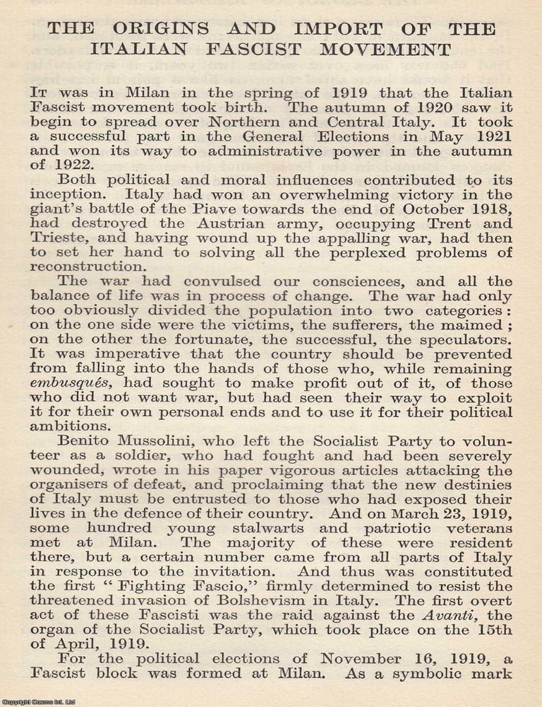 Item #616980 The Origins and Import of The Italian Fascist Movement. By Filippo Virgilii. An...