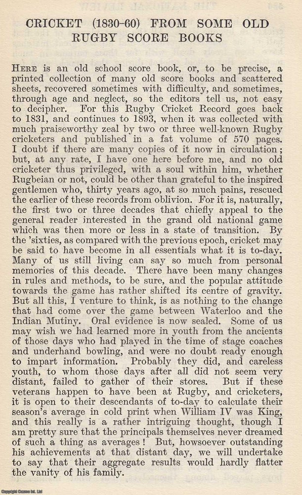 Item #616981 Cricket (1830-60) From some Old Rugby School Score Books. By A. G. Bradley. An...