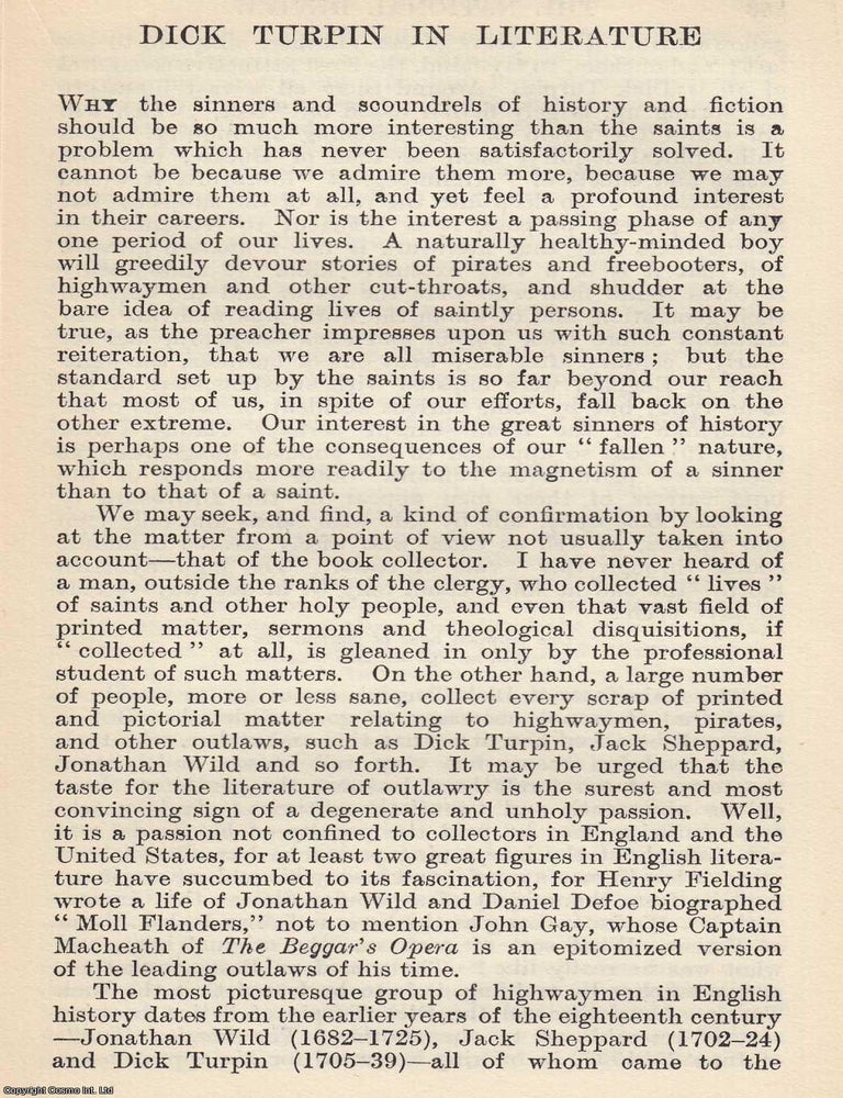 Item #616984 Dick Turpin in Literature. By W. Roberts. An original article from The National...