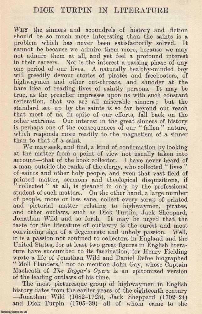 Item #616984 Dick Turpin in Literature. By W. Roberts. An original article from The National...