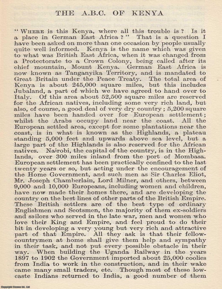 Item #616986 The A.B.C. of Kenya.By Francis Scott. An original article from The National Review,...