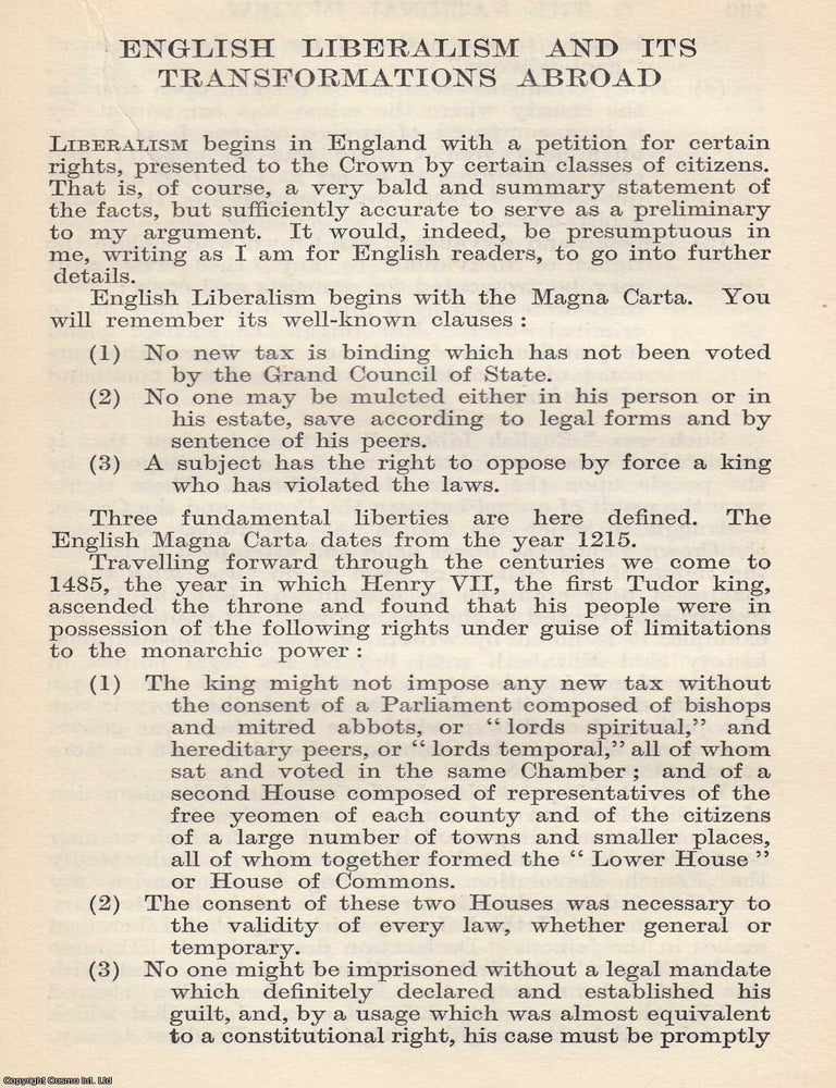 Item #616996 English Liberalism and its Transformations Abroad. An original article from The...