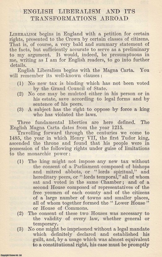 Item #616996 English Liberalism and its Transformations Abroad. An original article from The...