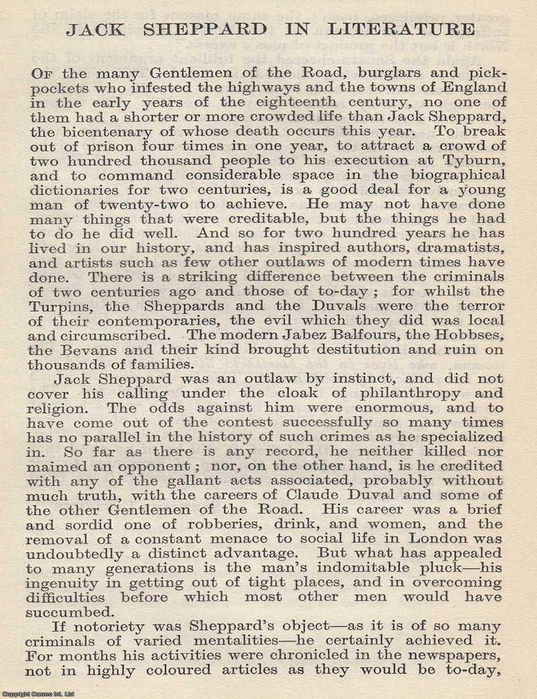 Item #617006 Jack Sheppard in Literature. Notorious English thief and prison escapee. By W....