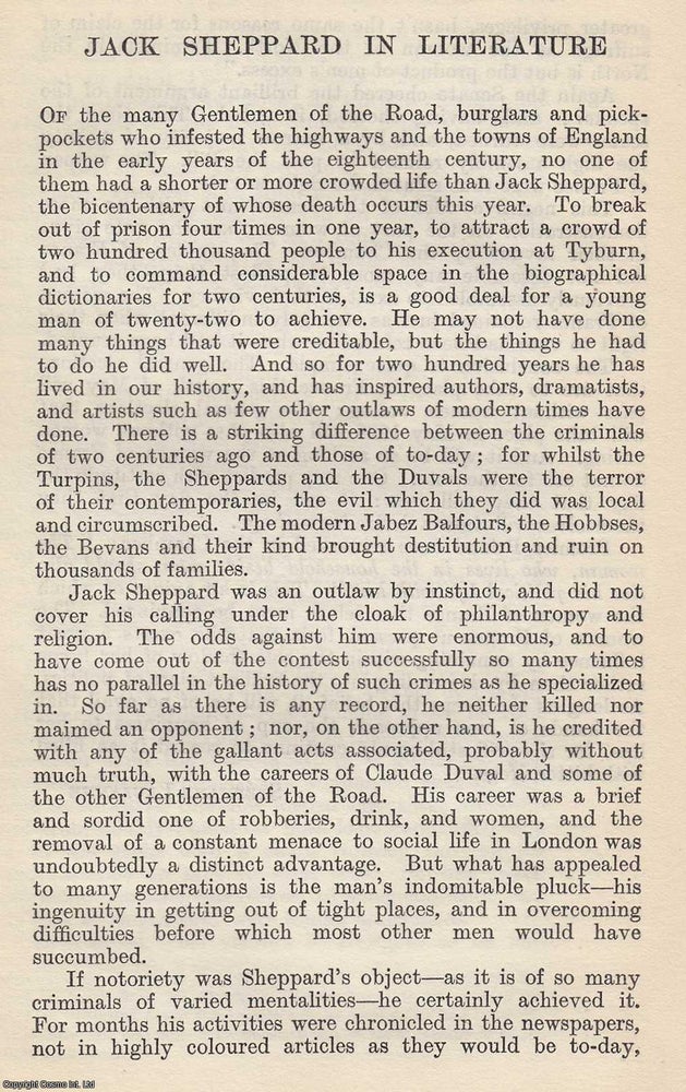 Item #617006 Jack Sheppard in Literature. Notorious English thief and prison escapee. By W....