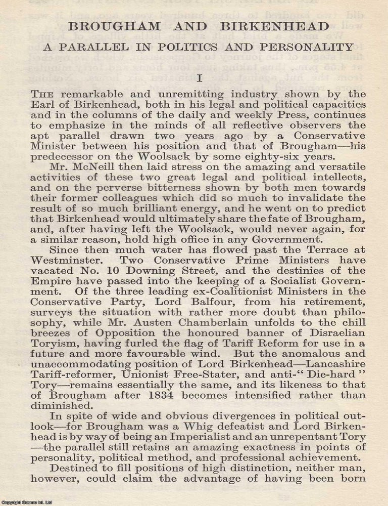 Item #617018 Brougham and Birkenhead: A Parallel in Politics and Personality. An original article...