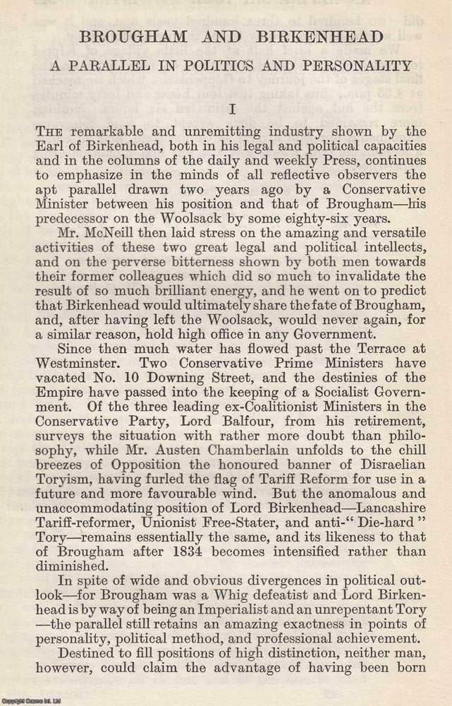 Item #617018 Brougham and Birkenhead: A Parallel in Politics and Personality. An original article...