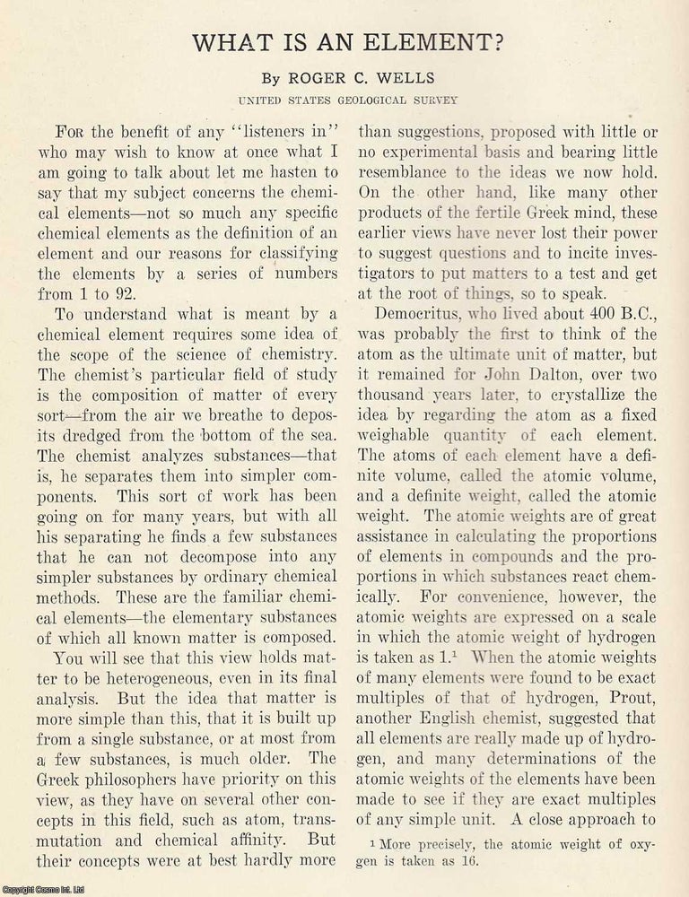 Item #617073 What is an Element? An original article from The Scientific Monthly, 1926. Roger C....