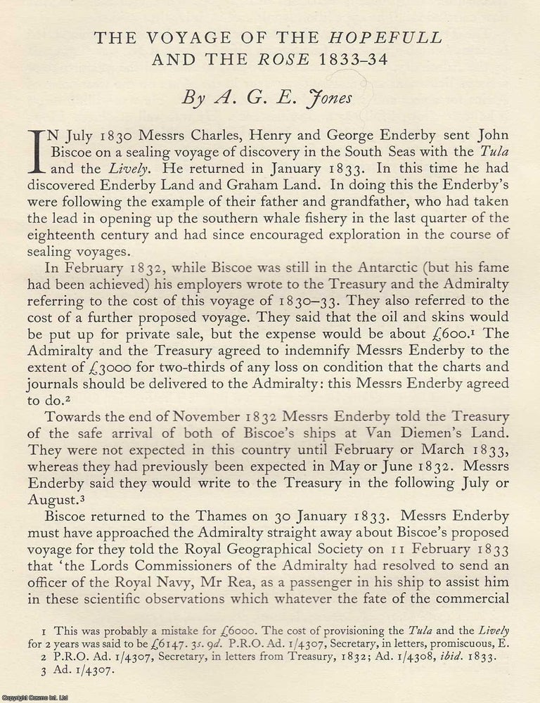 Item #618906 The Voyage of The Hopefull and The Rose 1833-34. An original article from the...