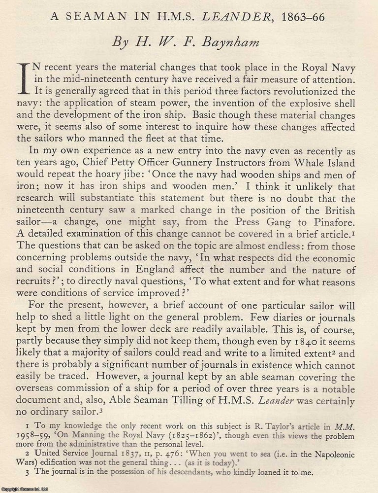 Item #618911 A Seaman in H.M.S. Leander, 1863-66. 10 pages. An article printed in 1965, written...