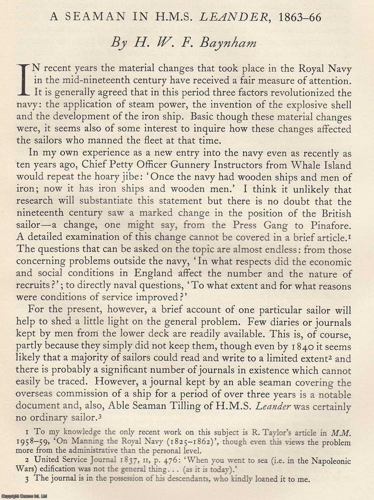 Item #618911 A Seaman in H.M.S. Leander, 1863-66. 10 pages. An article printed in 1965, written...