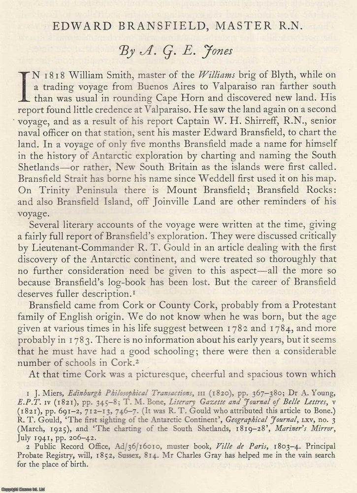 Item #618933 Edward Bransfield, Master R.N. An original article from the Mariner's Mirror,...