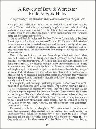 A Review of Bow and Worcester Knife and Fork Hafts. 16 pages, 10 plates. An article printed in 1989, written by Tony Stevenson.