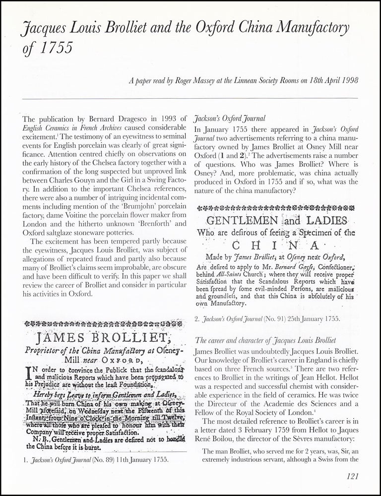 Item #621506 Jacques Louis Brolliet and The Oxford China Manufactory of 1755. An original article...