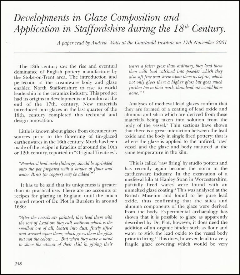Item #621525 Developments in Glaze Composition and Application in Staffordshire During The 18th...