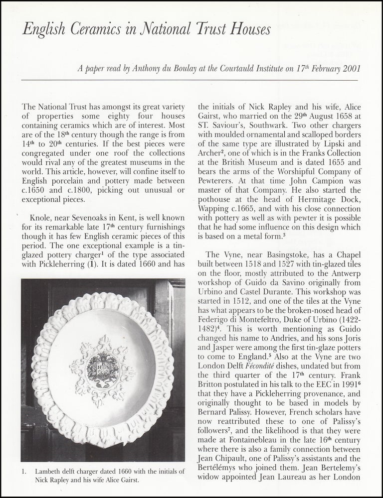 Item #621541 English Ceramics in National Trust Houses. An original article from the English...