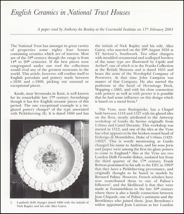 Item #621541 English Ceramics in National Trust Houses. An original article from the English...