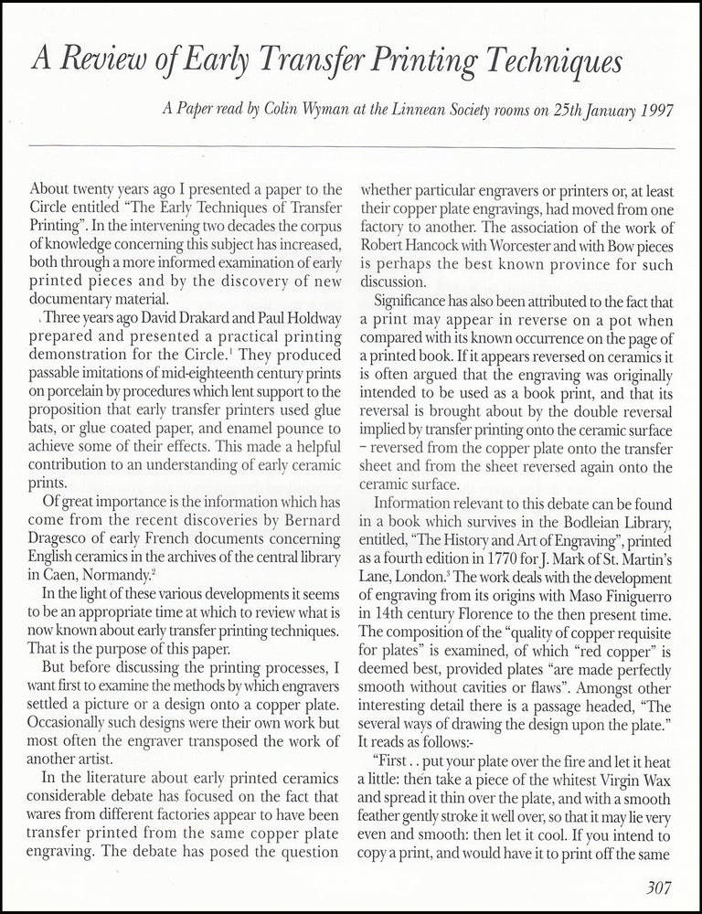 Item #621549 A Review of Early Transfer Printing Techniques. 11 pages. An article printed in...