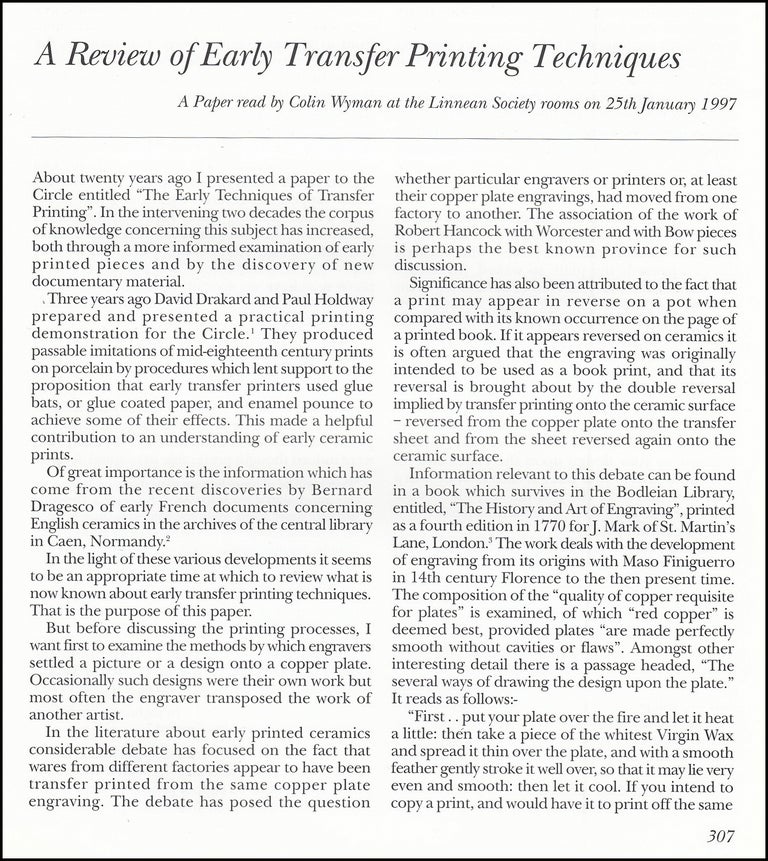 Item #621549 A Review of Early Transfer Printing Techniques. 11 pages. An article printed in...