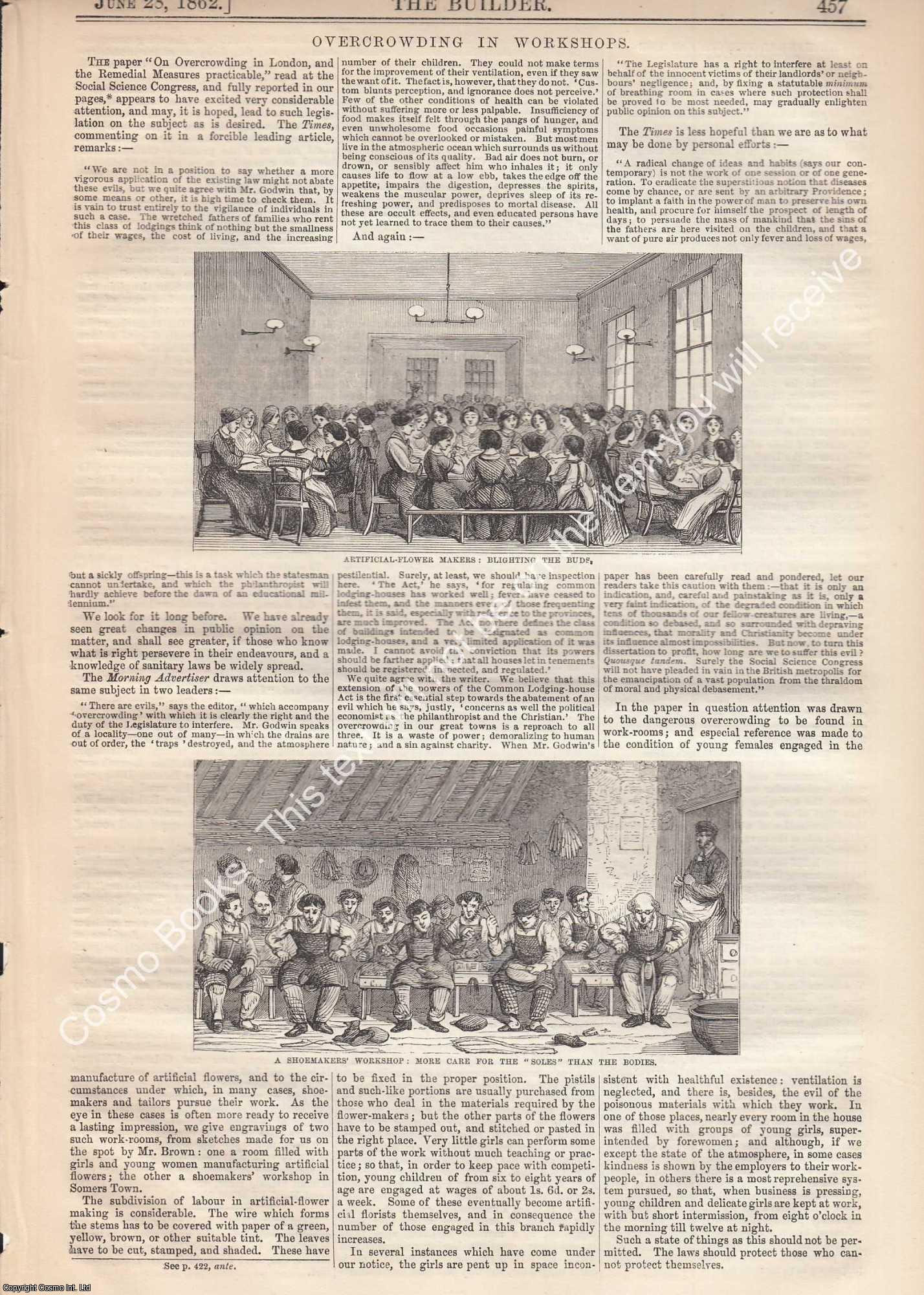 1862 : Overcrowding in Workshops. An original page from The Builder. An ...