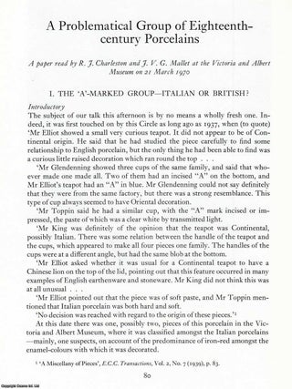 A Problematical Group of Eighteenth Century Porcelains. 63 pages, 21 plates. An article printed in 1971, written by R. J. Charleston & J. V. G. Mallet.