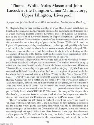Thomas Wolfe, Miles Mason and John Lucock at The Islington China Manufactory, Upper Islington, Liverpool. An original article from the English Ceramic Circle, 1972.