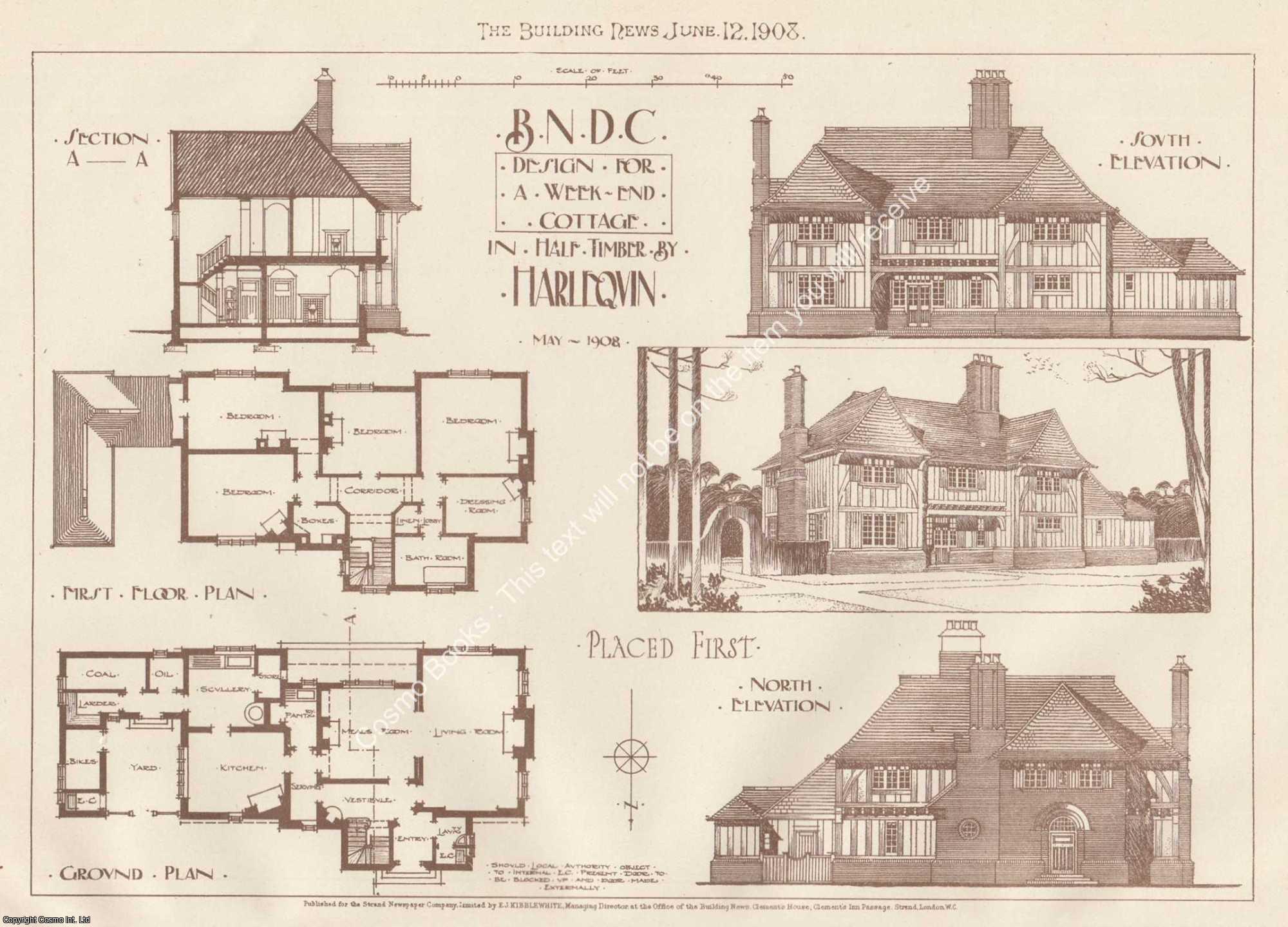 1908 : Design for a Week-End Cottage in Half Timber by Harlequin. An ...