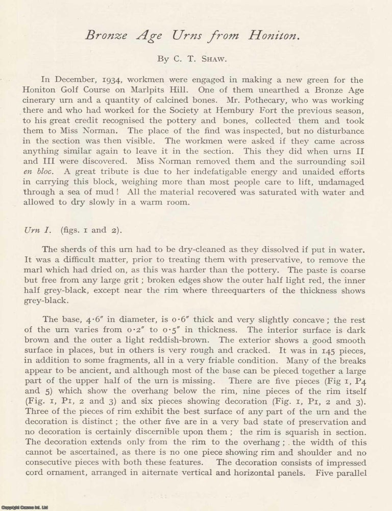 Item #624502 Bronze Age Urns from Honiton. An original article from the Devon Archaeological...