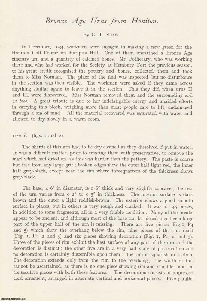 Item #624502 Bronze Age Urns from Honiton. An original article from the Devon Archaeological...