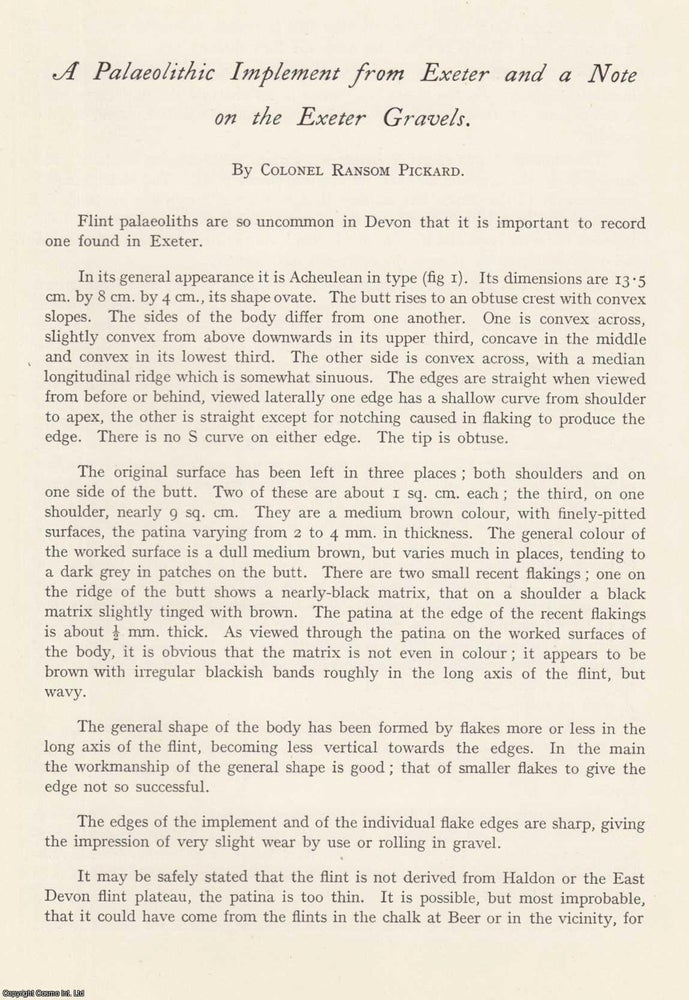 Item #624504 A Palaeolithic Implement from Exeter and a Note on The Exeter Gravels. 6 pages, 1...