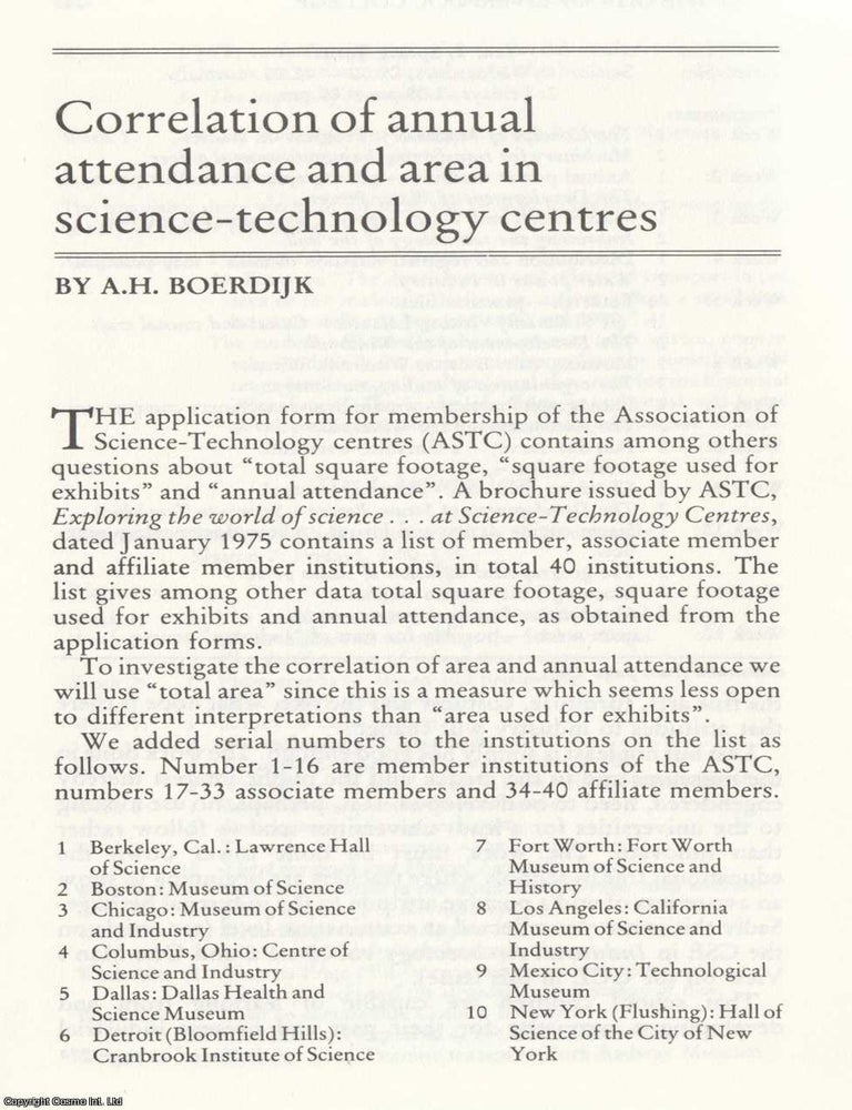 Item #624525 Correlation of Annual Attendance and Area in Science-Technology Centres. An original...