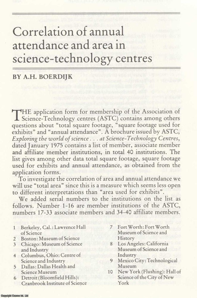 Item #624525 Correlation of Annual Attendance and Area in Science-Technology Centres. An original...