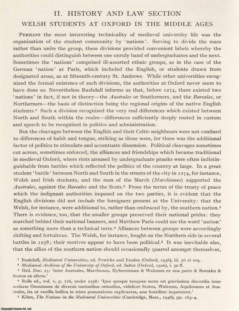 Item #624599 Welsh Students at Oxford in The Middle Ages. An original article from the Bulletin...