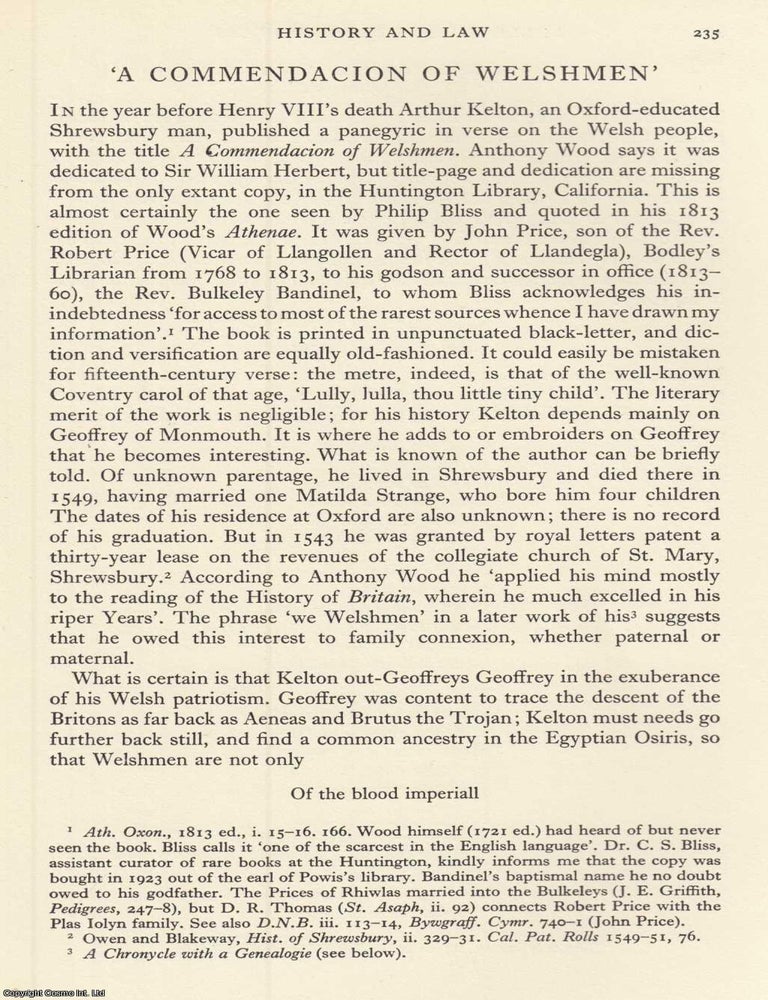 Item #624609 A Commendacion of Welshmen. An original article from the Bulletin of The Board of...