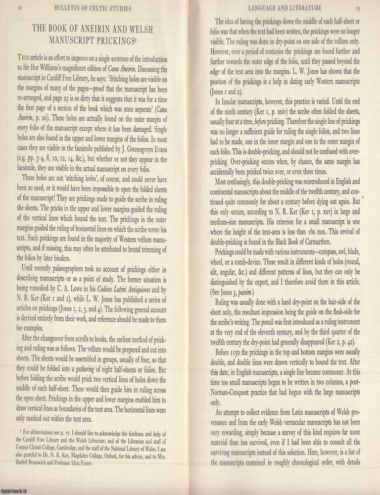 Item #624614 The Book of Aneirin and Welsh Manuscript Prickings. An original article from the...