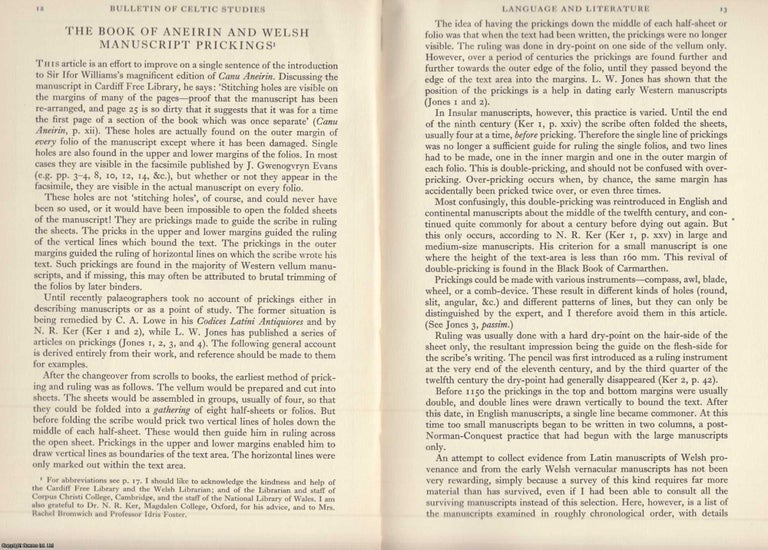 Item #624614 The Book of Aneirin and Welsh Manuscript Prickings. An original article from the...