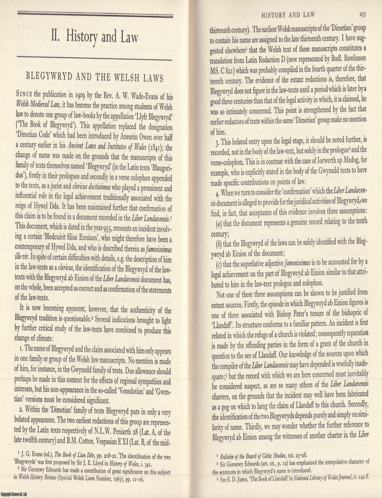 Item #624622 Blegywryd and The Welsh Laws. An original article from the Bulletin of The Board of...
